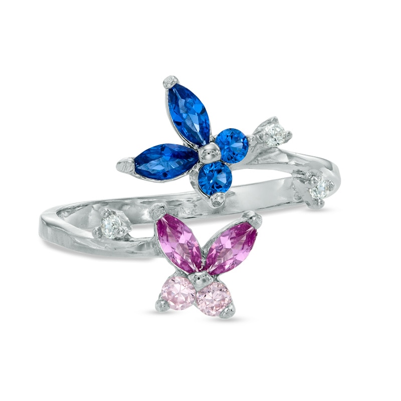 Blue and Pink Cubic Zirconia Double Butterfly Bypass Toe Ring in Sterling Silver