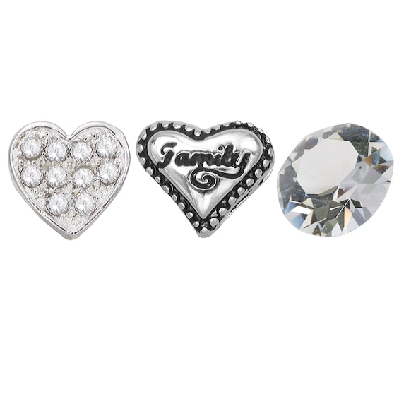 Floating Lockets Crystal Heart, "Family" Heart and Crystal Solitaire Charms in White Brass