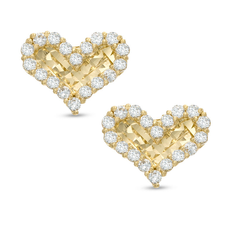 14K Yellow Gold Heart online Cut Cubic Zirconia Heart Net Stud Earrings