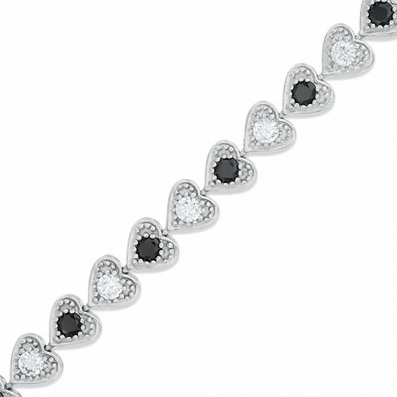 Black and White Cubic Zirconia Alternating Heart Link Bracelet in Sterling Silver - 7.25"
