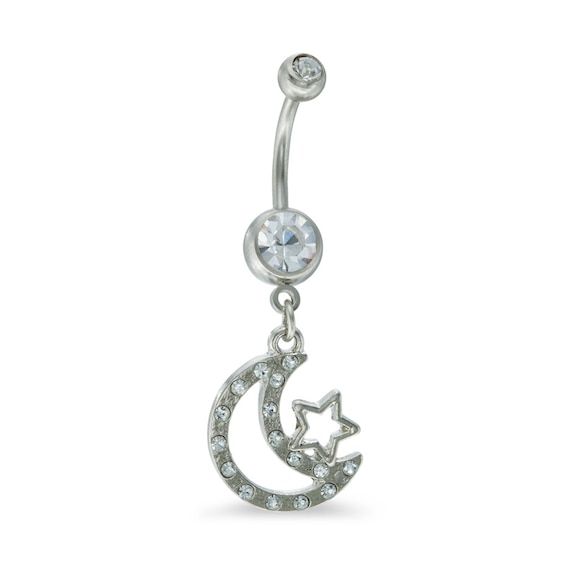 014 Gauge Cubic Zirconia Half Moon with Star Dangle Belly Button Ring in Stainless Steel