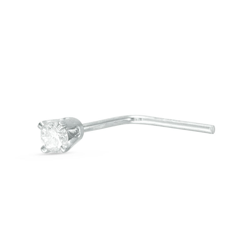 14K Semi-Solid White Gold Diamond Accent L-Shaped Nose Stud - 22G