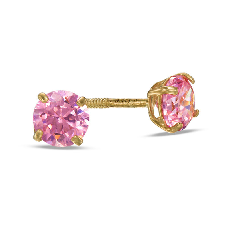 Main Image 1 of Child's 4mm Pink Cubic Zirconia Solitaire Stud Earrings in 14K Gold