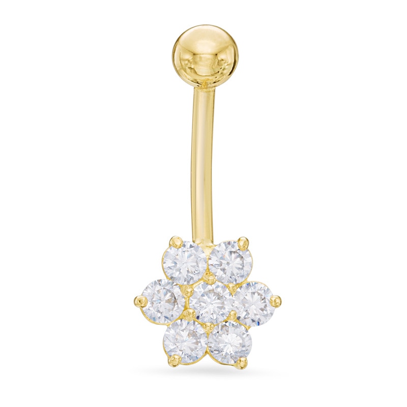 Main Image 1 of 10K Solid Gold CZ Flower Belly Button Ring - 14G 3/8&quot;