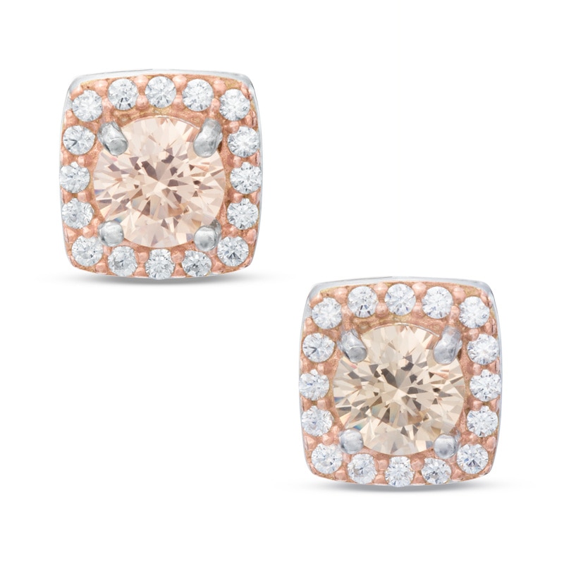5mm Champagne and White Cubic Zirconia Frame Stud Earrings in Sterling Silver and 14K Rose Gold Plate