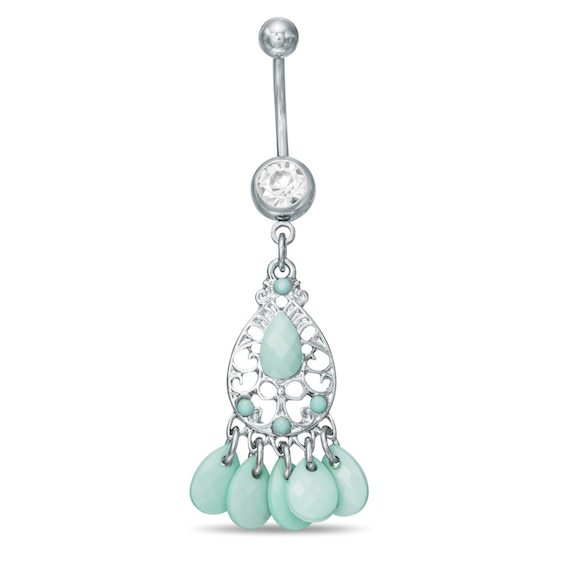 014 Gauge Green Acrylic Chandelier Dangle Belly Button Ring in Stainless Steel with Cubic Zirconia