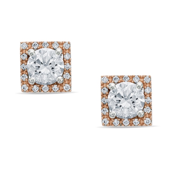 6mm Cubic Zirconia Square Frame Stud Earrings in Sterling Silver and 18K Rose Gold Plate