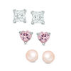 Thumbnail Image 1 of Child's Dyed Pink Freshwater Cultured Pearl, Pink and White Cubic Zirconia Three Pair Earrings Set in Sterling Silver