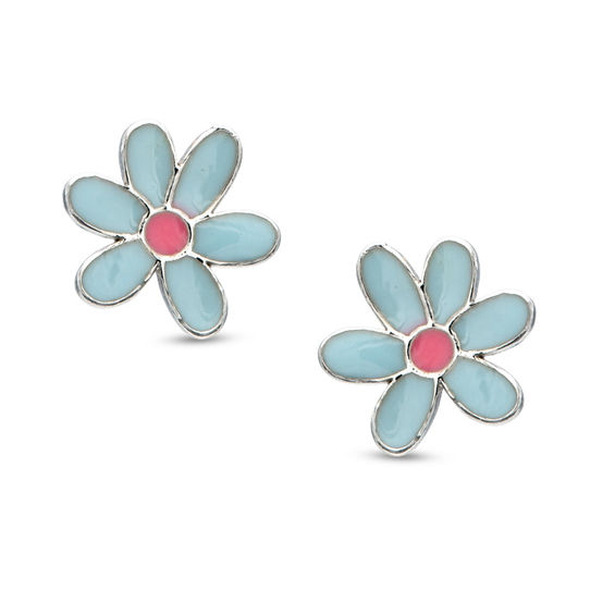 Child's Light Blue and Pink Enamel Flower Stud Earrings in Sterling Silver