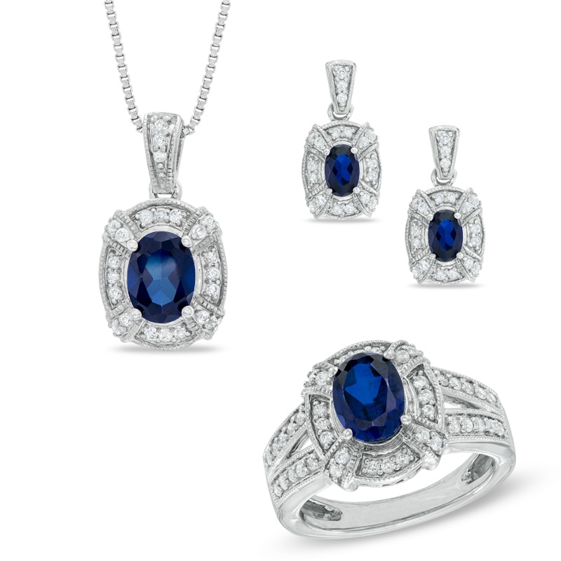 Oval Lab-Created Blue Sapphire and Cubic Zirconia Frame Pendant, Ring ...