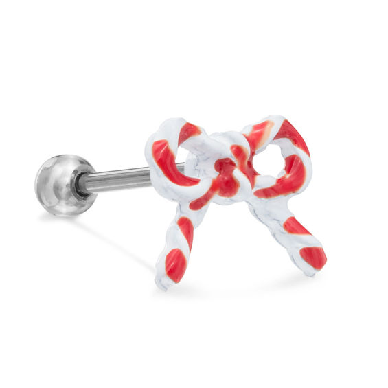 018 Gauge Candy Cane Striped Bow Cartilage Barbell in Stainless Steel