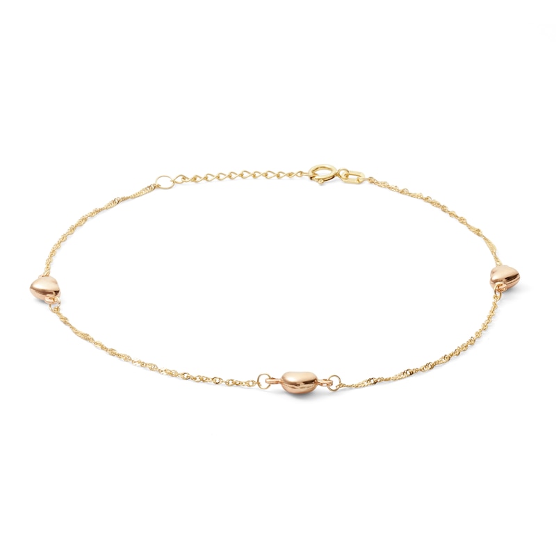 Main Image 1 of Puff Heart Station Anklet in 10K Solid Two-Tone Gold - 10&quot;