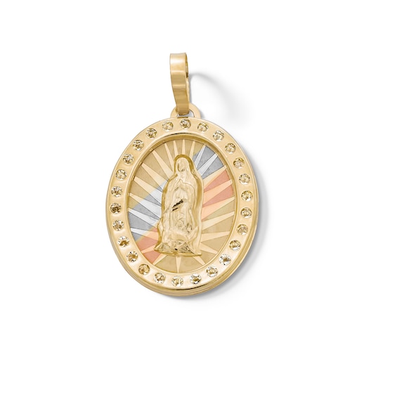 Cubic Zirconia Our Lady of Guadalupe Diamond-Cut Oval Necklace Charm in 10K Tri-Tone Gold