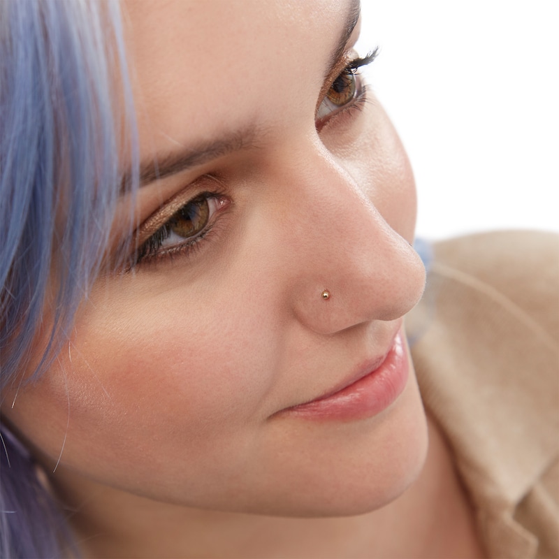 Main Image 4 of 14K Semi-Solid and Hollow Gold CZ and Simulated Blue Opal Three Piece Nose Ring Set - 22G