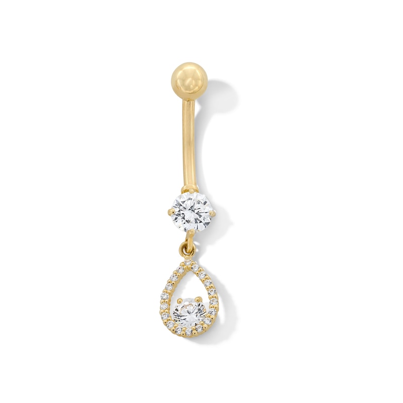 Main Image 1 of 10K Solid Gold CZ Teardrop Dangle Belly Button Ring - 14G 3/8&quot;