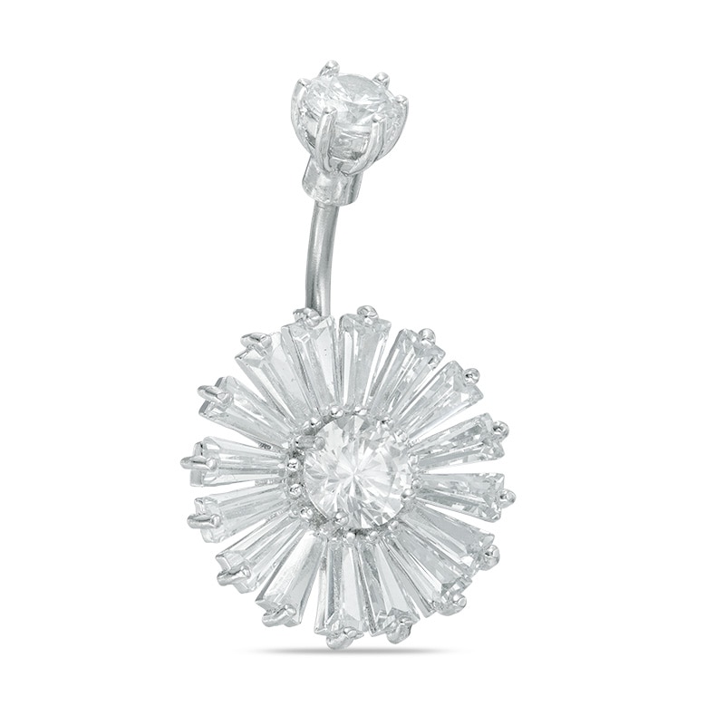 Main Image 1 of 014 Gauge Baguette Cubic Zirconia Flower Belly Button Ring in Stainless Steel