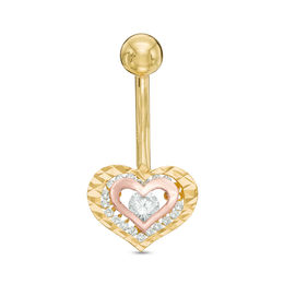 10K Solid Gold CZ Diamond-Cut Two-Tone Heart Belly Button Ring - 14G 3/8&quot;