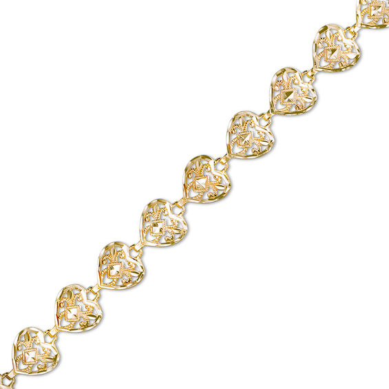 Diamond-Cut Filigree Heart Link Bracelet in 10K Gold
