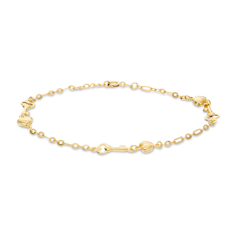 Hollow Puff Heart and Key Link Bracelet in 10K Solid Gold - 7.5