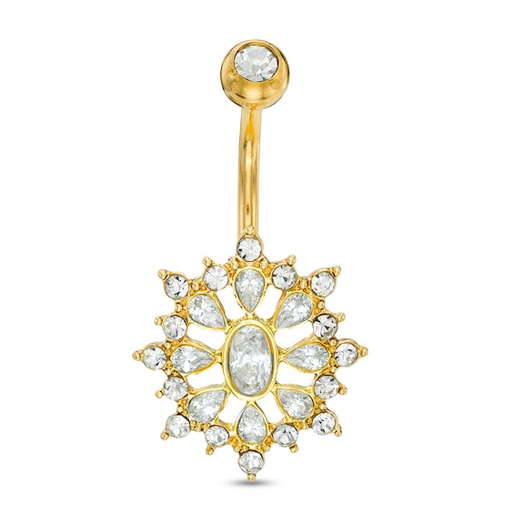 014 Gauge Cubic Zirconia Sunburst Belly Button Ring in Stainless Steel with Yellow IP