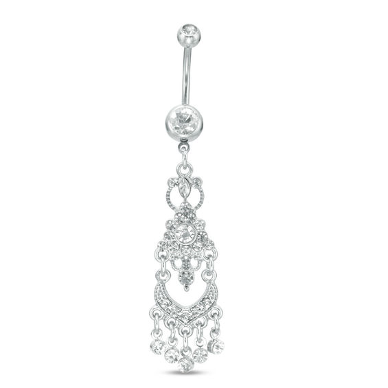 014 Gauge Cubic Zirconia Chandelier Dangle Belly Button Ring in Stainless Steel