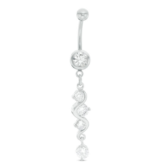 014 Gauge Cubic Zirconia Cascading Dangle Curved Belly Button Ring in Stainless Steel