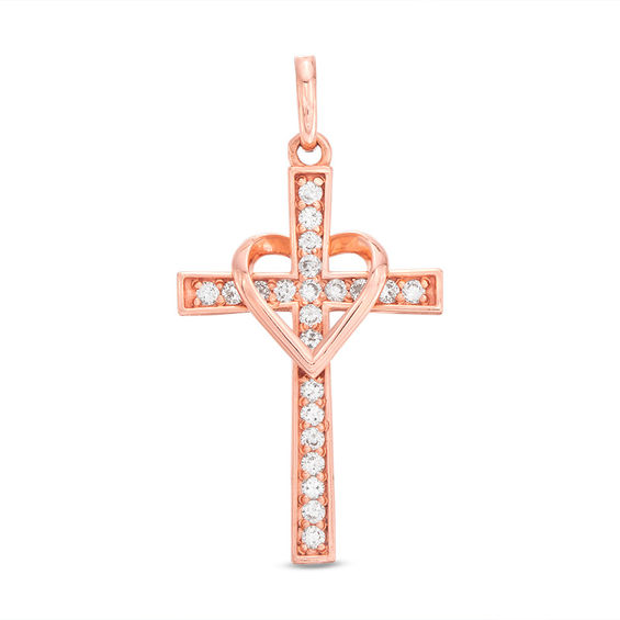 Cubic Zirconia Cross with Heart Necklace Charm in 10K Rose Gold