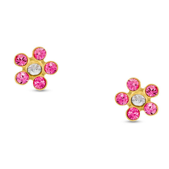 Child's and White Crystal Flower Stud Earrings in 14K Gold