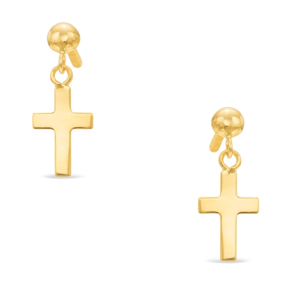 Child's Polished Cross Drop Earrings in 14K Gold