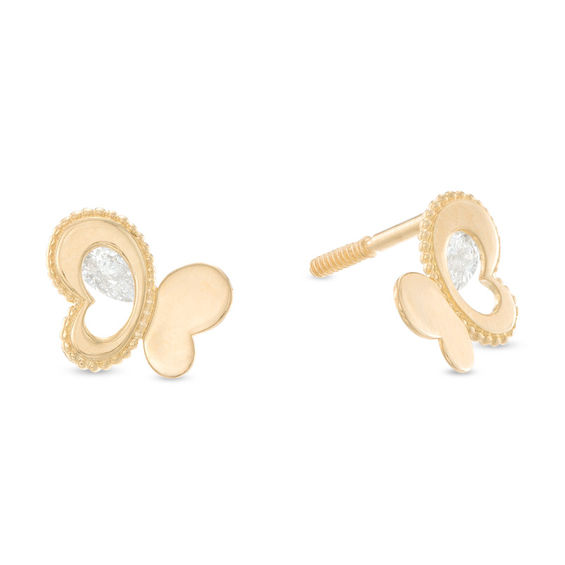 Child's Pear-Shaped Cubic Zirconia Accented Butterfly Wing Stud Earrings in 14K Gold