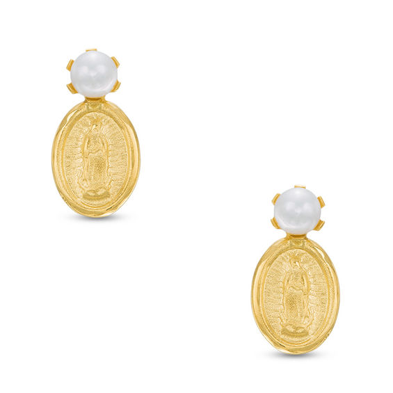 Child's 3.5mm Baroque Freshwater Cultured Pearl and Our Lady of Guadalupe Drop Earrings in 14K Gold