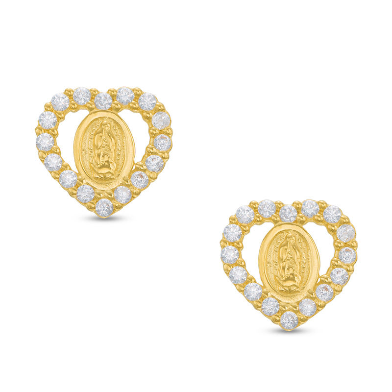 Main Image 1 of Child's Cubic Zirconia Heart Frame Our Lady of Guadalupe Stud Earrings in 14K Gold