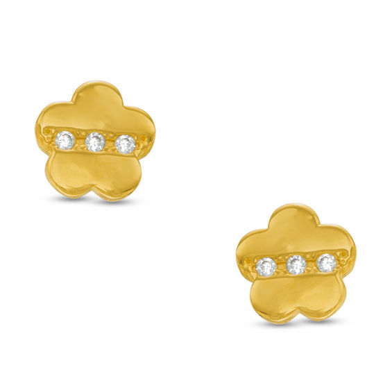 Child's Cubic Zirconia Three Stone Flower Stud Earrings in 14K Gold