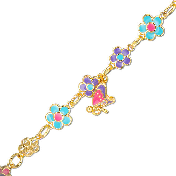 Child's Enamel Flower with Cubic Zirconia Butterfly Dangles Bracelet in Brass and 18K Gold Plate - 6"