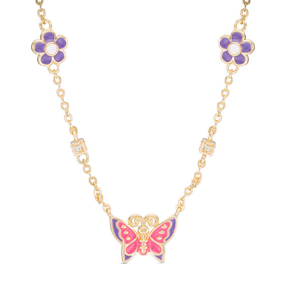 Child's Cubic Zirconia Enamel Flower Station and Butterfly Necklace in Brass and 18K Gold Plate - 13"