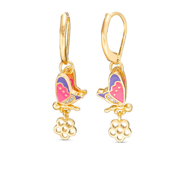 Child's Cubic Zirconia Accent Enamel Butterfly Earrings in Brass and 18K Gold Plate
