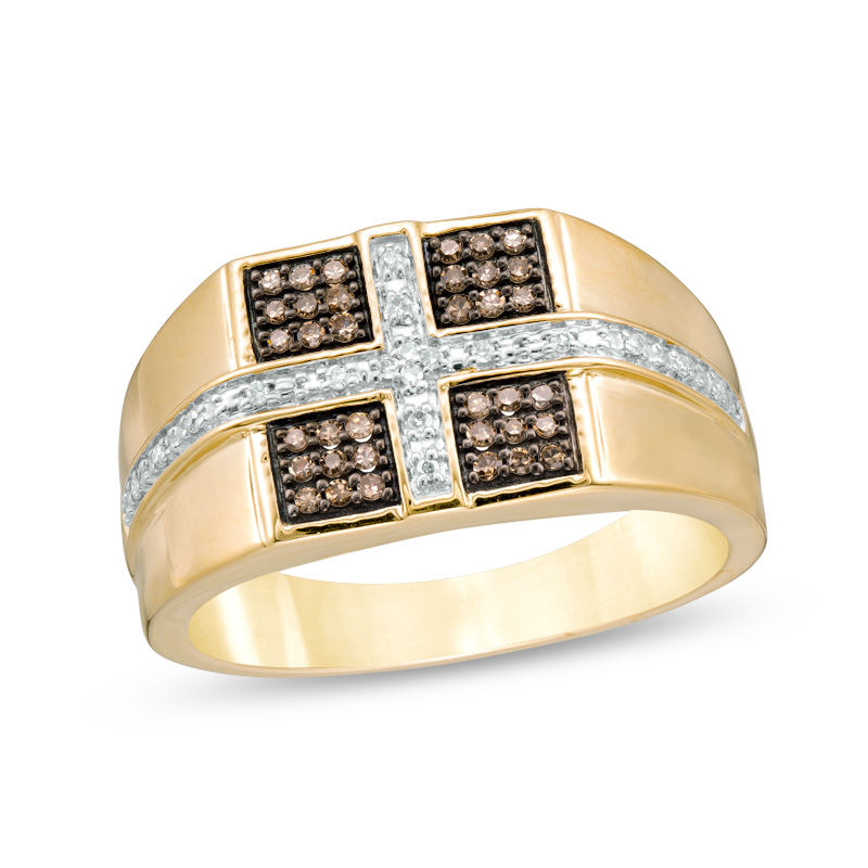 1/4 CT. T.W. Champagne and White Diamond Square Cross Ring in 10K