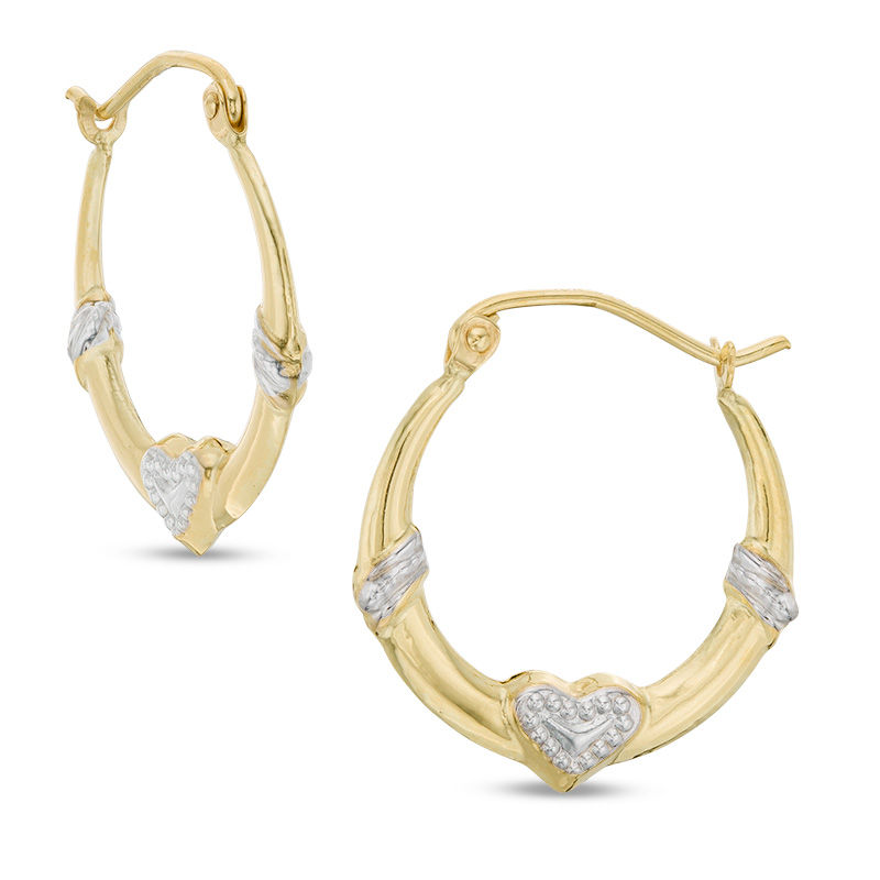 Main Image 1 of Heart Hoop Earrings in 10K Stamp Hollow Two-Tone Gold