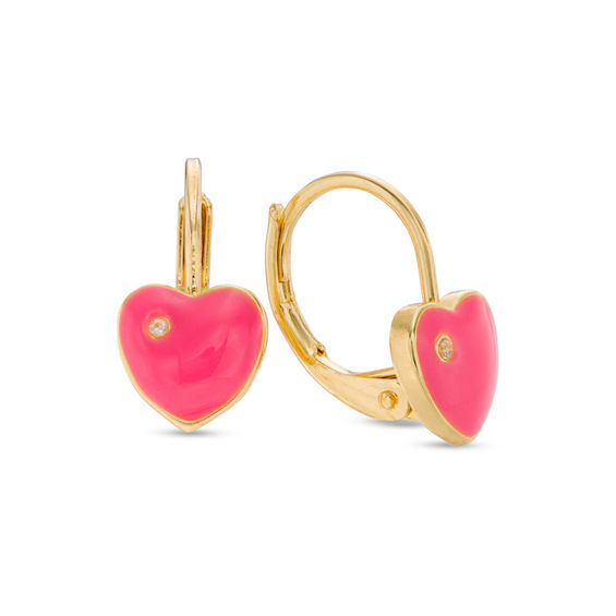 Child's Cubic Zirconia and Enamel Heart Drop Earrings in Brass with 18K Gold Plate