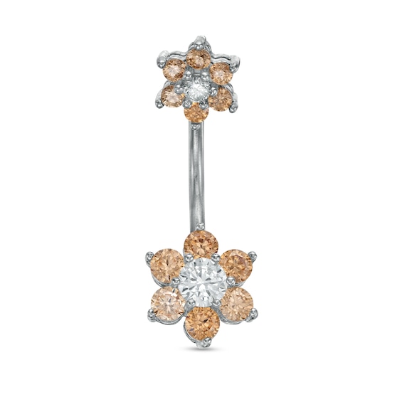 Stainless Steel CZ Champagne and White Double Flower Belly Button Ring - 14G