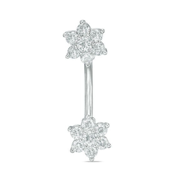 Solid Stainless Steel CZ Flower Belly Button Ring - 14G