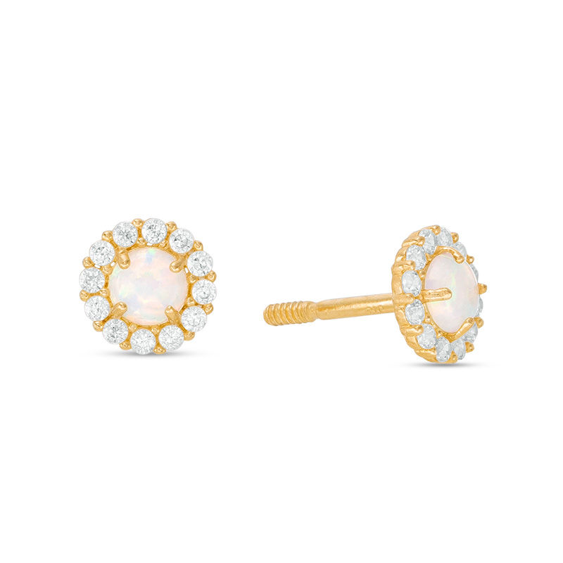 Main Image 1 of Child's 3mm Simulated Opal and Cubic Zirconia Frame Stud Earrings in 14K Gold