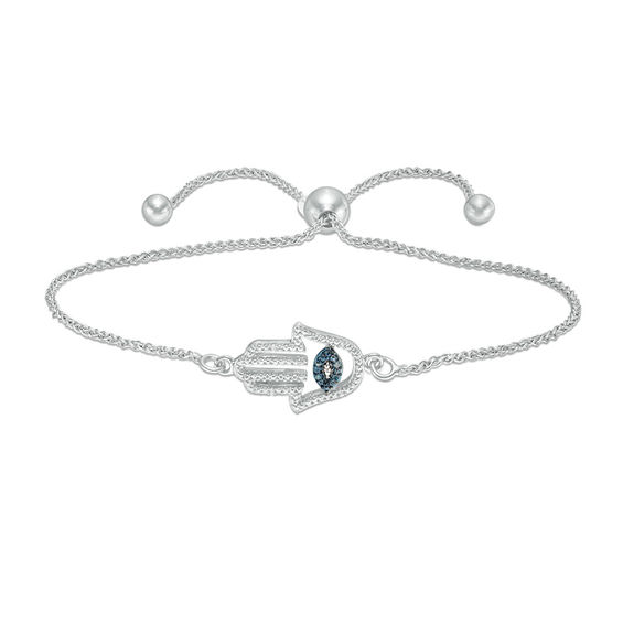 Enhanced Blue and White Diamond Accent Sideways Hamsa with Evil Eye Bolo Bracelet in Sterling Silver - 9"