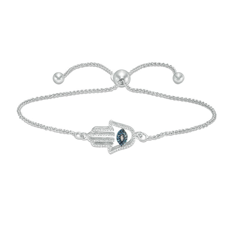 Main Image 1 of Enhanced Blue and White Diamond Accent Sideways Hamsa with Evil Eye Bolo Bracelet in Sterling Silver - 9&quot;