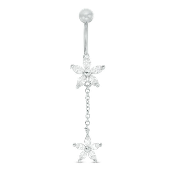 014 Gauge Marquise Cubic Zirconia Flower Dangle Belly Button Ring in Stainless Steel