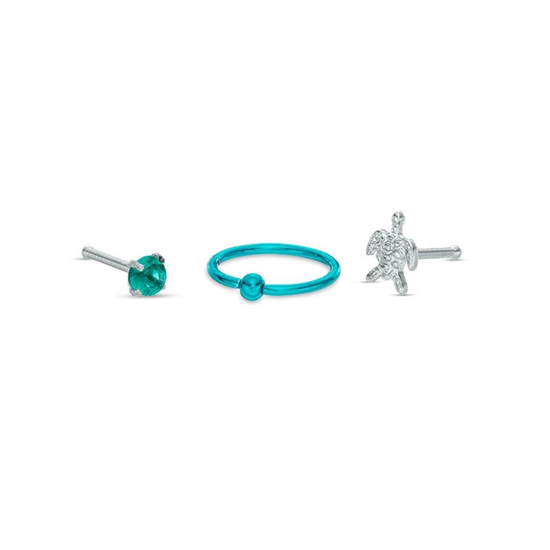 Main Image 1 of Teal Ion Plated CZ Hoop and Nose Stud Set - 20G