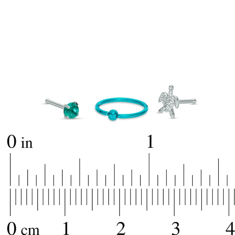 Main Image 2 of Teal Ion Plated CZ Hoop and Nose Stud Set - 20G