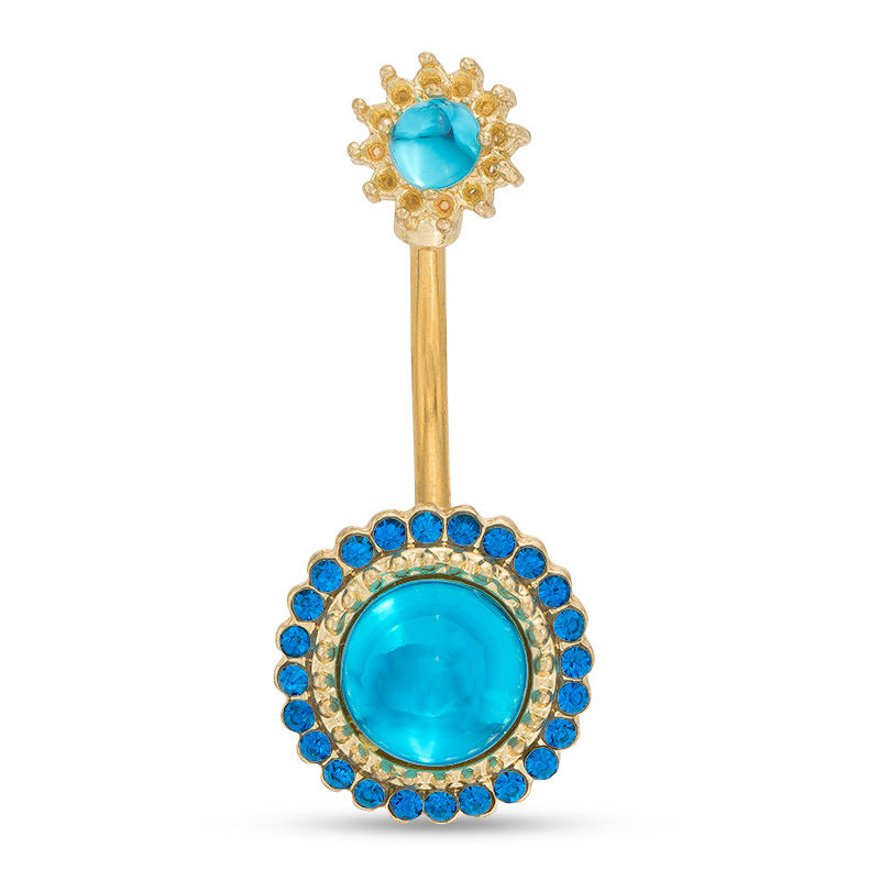 014 Gauge Blue Acrylic Crystal Frame Belly Button Ring in Stainless Steel with Yellow IP