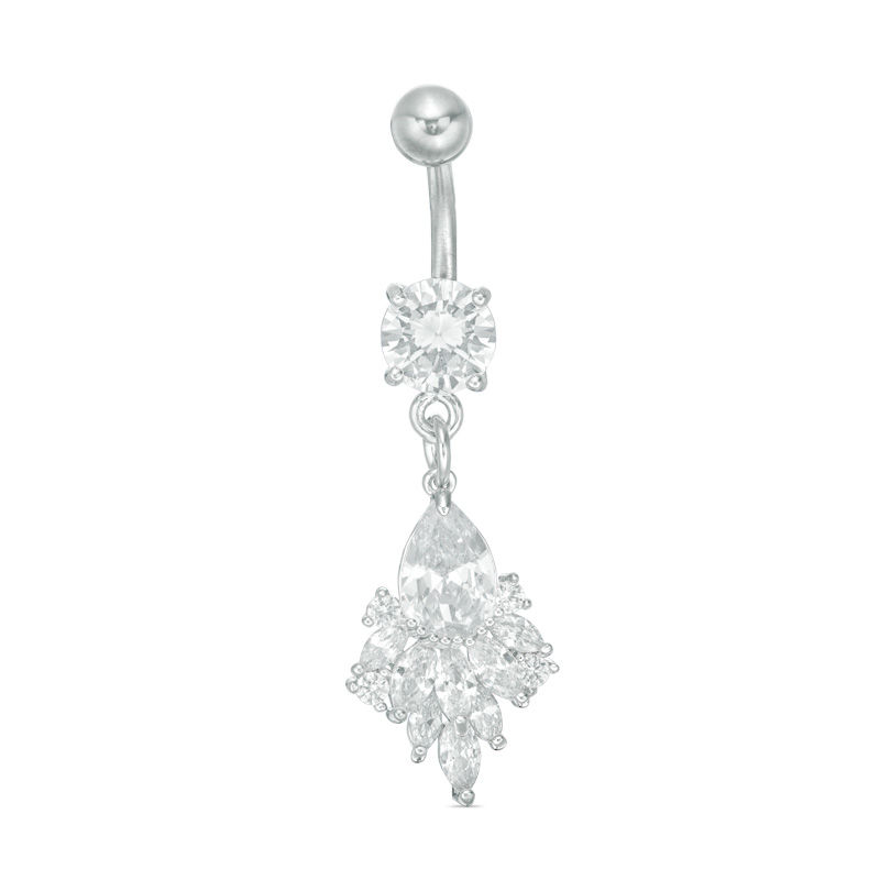 Main Image 1 of Solid Stainless Steel and Brass CZ Pear-Shaped, Marquise and Round Dangle Belly Button Ring - 14G 3/8&quot;