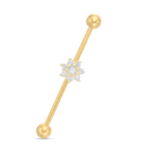014 Gauge Cubic Zirconia Flower Industrial Barbell in Stainless Steel with Yellow IP and Brass